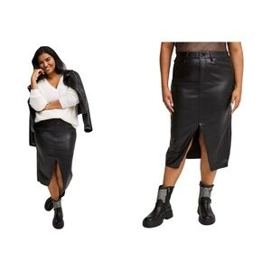 Torrid Womens Midi Faux Leather Skirt With Slit In Deep Black Size 14 NEW